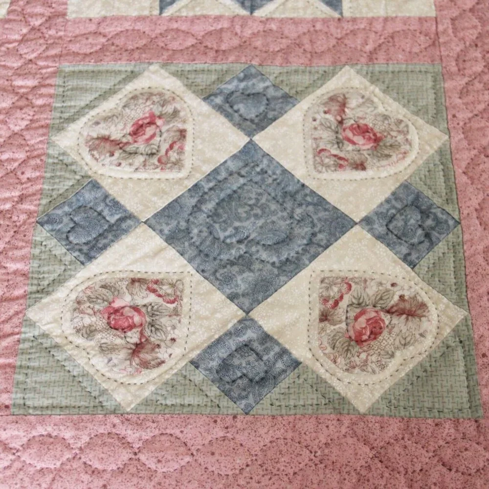 Vintage 80's/90's Completely Handmade Hand Stitched Quilt Pink Squares 87L x 60W